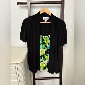 Joseph Ribkoff top. Size 8 black short-sleeve cardigan with a multi-color shell